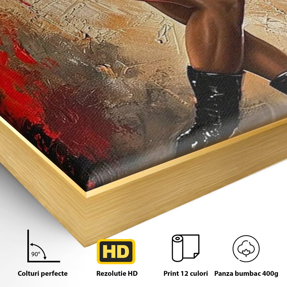 Detaliu al suprafetei: tablou canvas cu silueta de dansatoare, in rama de aluminiu auriu